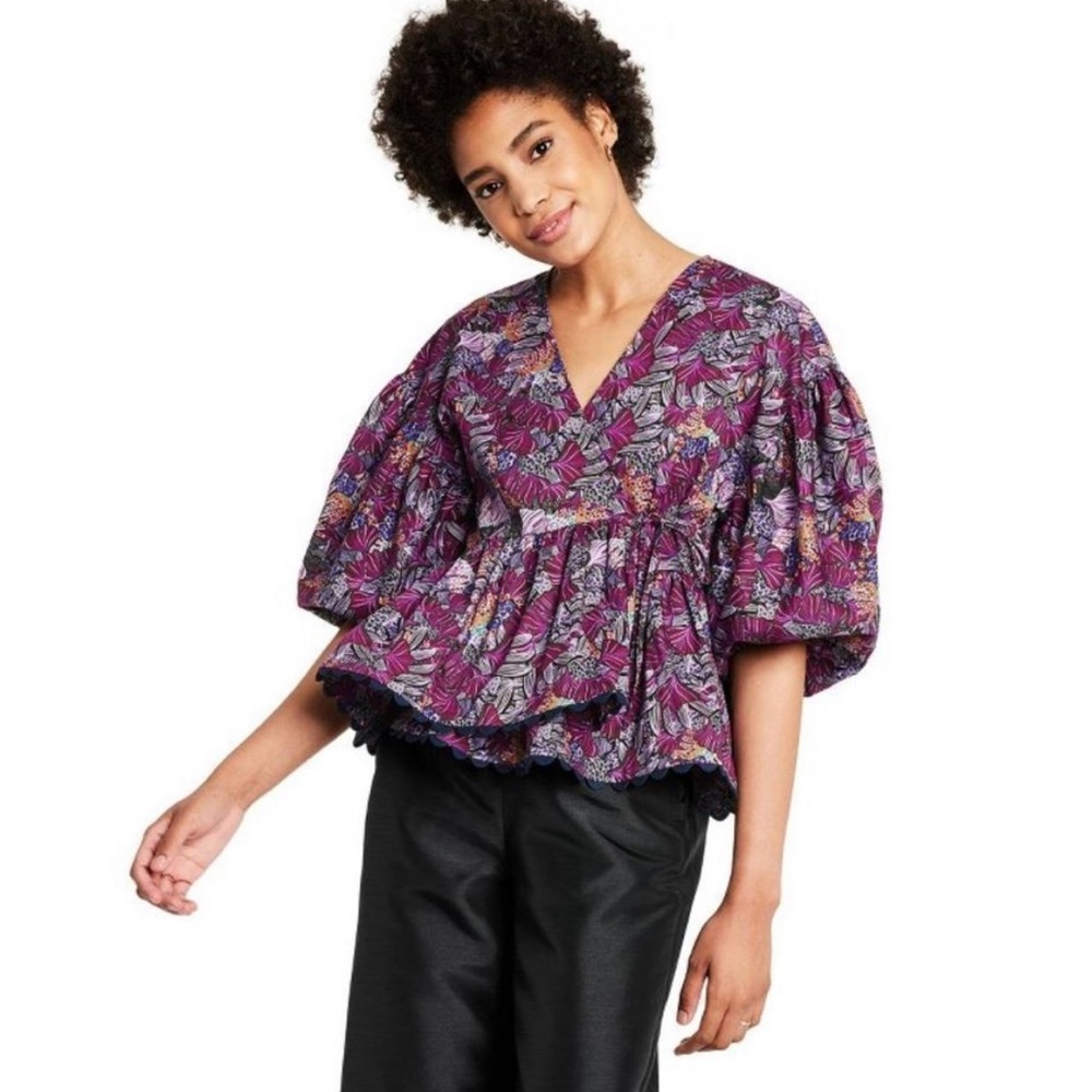 Kika Vargas x Target, Coral Reef Scalloped Edge Wrap Top, Purple, sz M EUC